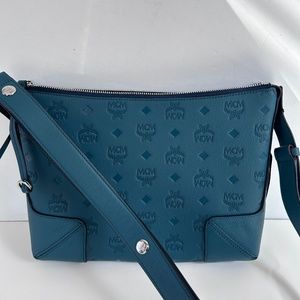 MCM Klara Hobo Monogram Leather Teal Blue Shoulder Bag